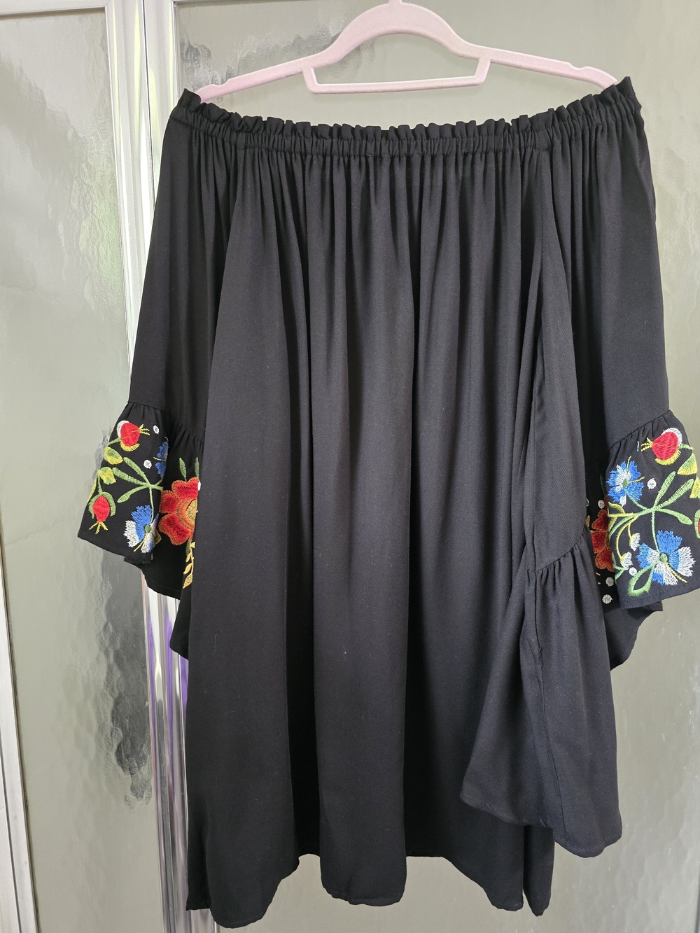 Umgee Black Off-Shoulder Mini Dress with Multicolor Floral Embroidery